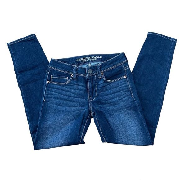 AMERICAN EAGLE Super Skinny Dark Wash Denim Contrast Stitch Jeans Size 0 Short - Picture 4 of 9